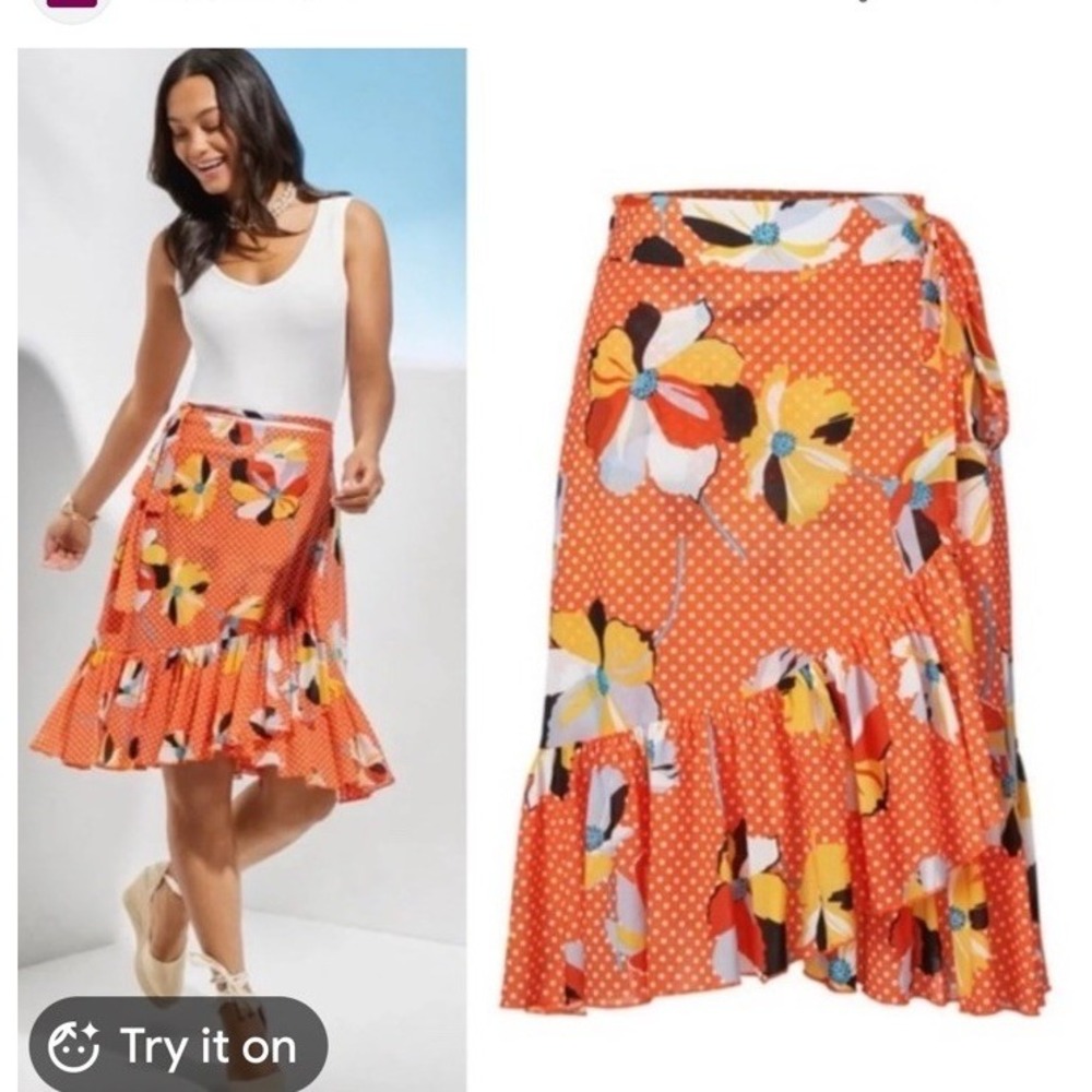 Cabi 6199 Tango Skirt Orange Floral Polka Dot Mesh Wrap Ruffle Midi Womens Sm